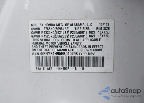 2014 Honda Pilot Touring from USA, damaged, VIN 5FNYF4H95EB010298